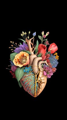 the human heart is surrounded by flowers and leaves