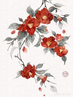 a painting of red flowers on a white background