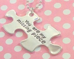 Puzzle Piece Necklace hand stamped You Are My Missing Piece The Missing Piece Puzzle Company Bracelet Tag, Puzzle Quotes, Puzzle Guest Book, Puzzle Piece Necklace, Gifts For Bridesmaids, Teacher Craft, Keychain Bracelet, Wedding Guest Book Unique, Train Cars