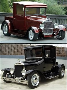 two pictures of an old model t car