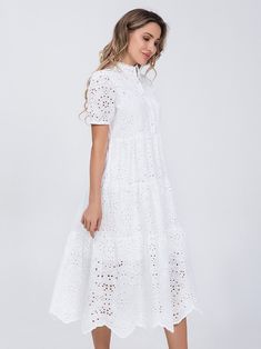 Cotton Hollow Out High Waist Ruffled A-Line White Dress White A-line Maxi Dress With Ruffles, Summer Eyelet Midi Dress, Spring Eyelet Midi Dress, White Casual Eyelet Dress, Short Sleeve Ruffled Maxi Dress For Spring, White Eyelet Dress For Spring, Summer Midi-length Eyelet Dress, Short Sleeve Maxi Dress With Ruffles For Day Out, Feminine Summer Eyelet Midi Dress