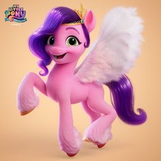 a pink pony with purple hair and wings