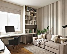 a living room filled with furniture and a computer on top of a wooden desk next to a window