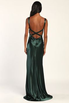 Green Maxi Dress - Satin Maxi Dress - Strappy Maxi Dress - Lulus Emerald Green Dress Low Back, Backless Prom Dresses Green, Emerald Green Satin Dress Bridesmaid, Lulus Green Dress, Satin Low Back Dress, Open Back Green Dress, Long Dark Green Silk Dress, Formal Wedding Guest Attire Summer, Smaragd Green Dress