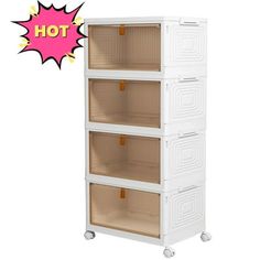 three tiered storage unit with wheels on each side and an orange tag that says hot