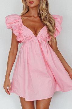 Flirty Pink Ruffled Mini Dress, Flowy Pink Mini Dress With Ruffle Hem, Pink Ruffled Mini Sundress, Pink Puff Sleeve Mini Dress With Ruffle Hem, Flowy Pink Ruffled Mini Dress, Pink Selfie, Look Like An Angel, Babydoll Mini Dress, Tie Up Heels