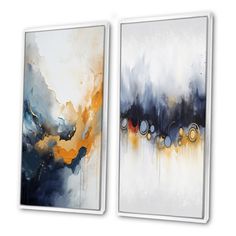 two abstract paintings, one in white and the other in blue with gold circles on it