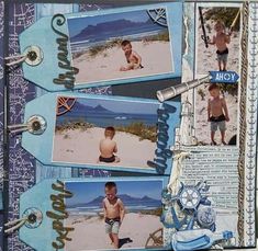 a scrapbook page with pictures of boys on the beach