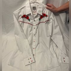 Western Style Button Up Blouse Hand Stitched Red Roses Never Worn Western Shirts For Women, Western Clothes, Cowgirl Shirts, Cowboys Shirt, Rose Embroidery, Button Up Blouse, Western Shirt, White And Red, Western Shirts