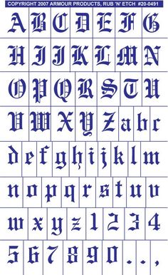 an old english alphabet in blue ink with the letters and numbers on it, all written in