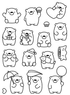 a bunch of bears that are drawn in black and white