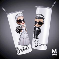 the bride and groom are on their wedding day with matching sunglasses, one is holding a bouquet