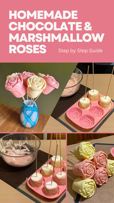 Homemade Chocolate & Marshmallow Roses Recipe Marshmallow Diy Crafts, Marshmallow Bouquet Diy, Homemade Chocolate Covered Marshmallows, Silicone Mold Desserts, Chocolate Molds Ideas, Candy Molds Recipes, Rose Desserts, Chocolate Molds Recipe, Silicone Molds Recipes