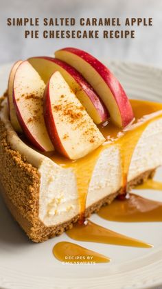 a cheesecake with apples and caramel sauce on top is sitting on a plate