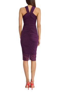 Ruched ripples radiating shape the figure-hugging silhouette of this body-con midi dress that's begging for cocktail hour. 38" length Hidden back-zip closure Halter neck Sleeveless, with cutaway shoulders Lined 100% polyester Hand wash, dry flat Imported Bodycon Knee-length Midi Dress With Ruched Back, Bodycon Midi Dress With Ruched Back, Knee-length Bodycon Midi Dress With Ruched Back, Knee-length Ruched Bodycon Dress, Stretch Midi Dress With Ruched Bodice For Cocktail, Cocktail Midi Dress With Ruched Bodice And Stretch, Ruched Stretch Knee-length Midi Dress, Bodycon Ruched Midi Dress For Date Night, Stretch Ruched Knee-length Midi Dress