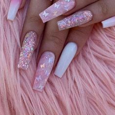 Pink Dip, Nails With Glitter, Long Acrylic Nail Designs, Coffin Shape Nails, Acrylic Nails Coffin Pink