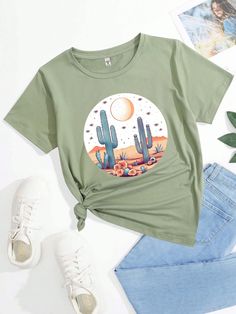 Green Casual Collar Short Sleeve Fabric Plants  Embellished Slight Stretch All Tween Girls Clothing Trendy T Shirts For Women, Fabric Plants, Chic Romper, Top Summer Outfits, Summer Trends Outfits, Girls T Shirts, Cactus Print