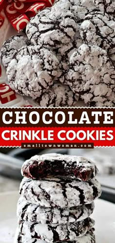 chocolate crinkle cookies stacked on top of each other