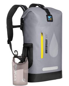 the dry bag and water bottle are shown in this image, with one attached to it