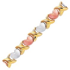 Kisses and hearts provide a romantic motif to this sentimental tri color 14K gold bracelet. Soft satin hearts in white and rose gold alternate against the brightly polished yellow gold X motif links, providing a sweet kiss in between every heart. The perfect bracelet for the one you love, it measures 7 1/4" in length and is secured with a large lobster clasp. Heart Line, Heart Theme, Heart Themed, Valentine's Day Gift Ideas, Clasp Bracelet, Rings Fashion, Gold Bracelets, Themed Jewelry, Freshwater Cultured Pearls