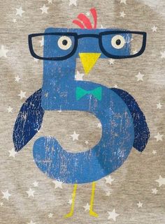 a blue bird with glasses on it's face and the number five drawn in chalk