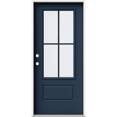 a blue door with two panes on the side and one window in the front