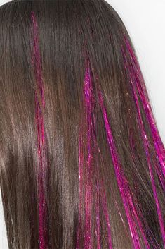 Add some sparkle into your hair. Do not use heat. Keep away from naked flames. Pink Hair Extensions, Dark Pink Hair, Hair Fairy, Baylage Hair, Tinsel Hair, Sparkly Hair, Hair Tinsel, Fairy Hair, Festival Hair