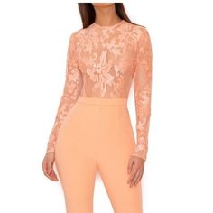 New House Of Cb Perla Peach Pink Long Sleeve Sequin Jumpsuit. Fitted Orange Jumpsuit For Night Out, Fitted Orange Jumpsuits And Rompers For Party, Orange Fitted Elegant Jumpsuit, Elegant Fitted Orange Jumpsuits And Rompers, Elegant Fitted Orange Jumpsuit, Orange Party Bodysuit For Spring, Sequin Jumpsuit Long Sleeve, Deep Purple Dress, Business Casual Trousers