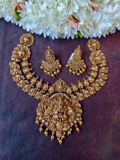 Antique finish lakshmi necklace with earring Antique Finish, Gold Gold, Gold Earrings, Gold Necklace, Gold Plate, Plating, Gold