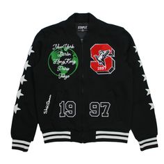 Buy Staple Pigeon Fleece Baseball Jacket in Black - Swaggerlikeme.com Varsity Style Winter Outerwear With Embroidered Graphics, Black Outerwear With Ribbed Collar For Streetwear, Black Embroidered Logo Varsity Jacket For Fall, Black Varsity Jacket With Zipper For Winter, Black Winter Track Jacket With Ribbed Cuffs, Black Track Jacket With Ribbed Cuffs For Winter, College Style Outerwear With Embroidered Logo And Long Sleeves, College Style Long Sleeve Outerwear With Embroidered Logo, College Style Cotton Outerwear With Embroidered Logo