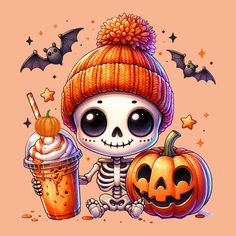 a cartoon skeleton holding a pumpkin next to a drink