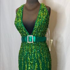 Halter Gown, Back Center Invisible Zipper Green Sequin Holiday Dress For Formal Occasions, Green Sequin Dress For Formal Holiday Events, Green Sequin Dress For Holiday Formal Occasions, Green Holiday Sequin Dress For Formal Occasions, Green Sleeveless Gown For Gala, Sleeveless Green Gown For Gala, Embellished Floor-length Green Sequin Dress, Embellished Green Floor-length Sequin Dress, Glamorous Embellished Green Maxi Dress