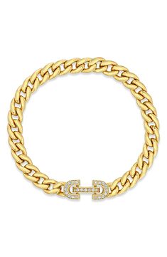 A goes-with-everything curb-chain bracelet closed by a pavé-diamond horsehoe clasp adds a touch of equestrian charm to your look. 6 1/2" length; 1/4" width Total diamond weight: 0.25ct. Color: F–G Clarity: SI2 14k gold/diamond Made in the USA >Diamond Guide Luxury Diamond Bracelet With Curb Chain, Luxury Diamond Bracelet With Gold Chain, Formal Diamond Curb Chain Bracelet, Luxury Yellow Gold Diamond Bracelet With Curb Chain, Luxury Cuban Link Gold Chain Bracelet For Formal Occasions, Luxury Diamond Link Bracelet With Gold Chain, Luxury Link Diamond Bracelet With Gold Chain, Luxury Gold Bracelet With Curb Chain, Luxury Curb Chain Bracelet For Formal Occasions