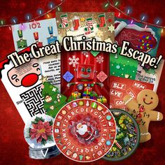 the great christmas escape is on display in front of a red background with holiday decorations