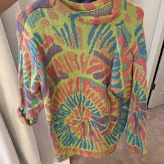 Never Worn! Fun Multicolor Spring Sweater, Multicolor Winter Vacation Sweater, Multicolor Vacation Sweater For Spring, Brown Sweater For Beach In Spring, Brown Sweater For Spring Beach, Goblin Clothes, Tired Person, Shein Sweater, Tie Dye Sweater