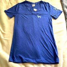 Nwt V-Neck Tee Shirt . Blue/Purple Color With Light Blue Dog And Pink On Sleeve . Sz M Blue V-neck T-shirt For Loungewear, Blue Sporty V-neck T-shirt, Purple Cotton V-neck Top, Blue Dog, Blue V, V Neck Tee, Purple Color, Blue Purple, Victoria’s Secret