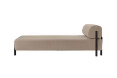 a beige couch with black legs on a white background