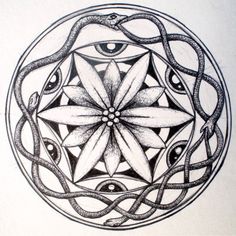 a drawing of an all seeing eye in a circle with snakes around it and flowers on the side