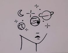 a drawing of a face with different planets and stars on it's forehead, in front of a white background