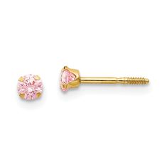 Pretty in pink, a 3mm round cubic zirconia gemstone is prong set in 14k yellow gold with a threaded post and screw on safety back. Nickel Free. Made in the U.S.A. Bow Jewelry, Kids Earrings, Yellow Earrings, Cz Stud Earrings, Cz Earrings, Yellow Gold Earring, Heart Earrings Studs, Fine Jewelry Gift, Screw Back Earrings