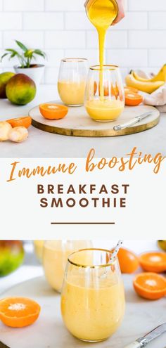 an orange smoothie being poured into a glass on top of a cutting board with the words, i'm time boosting breakfast smoothie