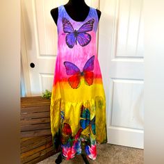 New! Beautiful Vibrant Colorful Butterfly Maxi Sleeveless Dress. Polyester Blend Material With Gorgeous Vibrant Colorful Dress. Large Ruffle Bottom. Pleated Darts. Scoop Neckline. Large Butterfly Colors. Sleeveless Vibrant Print Summer Maxi Dress, Sleeveless Vibrant Print Maxi Dress For Summer, Sleeveless Multicolor Print Vacation Dresses, Vibrant Print Sleeveless Sundress For Summer, Sleeveless Multicolor Print Dress For Vacation, Multicolor Sleeveless Sundress For Summer, Sleeveless Multicolor Summer Sundress, Sleeveless Sundress With Vibrant Print, Multicolor Sleeveless Dress For Spring And Summer