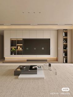 a modern living room with white walls and carpeted flooring, built in entertainment center