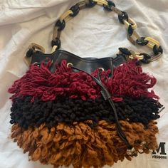 Rare M By Missoni Tricolor Bag With Leather Trim And Signature Chain Strap Bucket Evening Bag With Handles, Black Bucket Bag As Fashion Accessory, Multicolor Bucket Bag With Dust Bag, Chic Multicolor Top Handle Bucket Bag, Designer Crochet Bag With Handles For Everyday Use, Designer Crochet Bag For Everyday Use, Missoni, Chain Strap, Tri Color