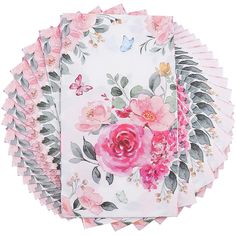 six napkins with pink flowers and butterflies on them