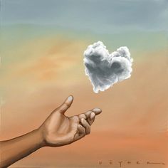 a painting of a hand reaching for a cloud in the sky with a heart shaped cloud above it