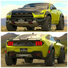 two pictures of the rear and side view of a yellow sports utility vehicle in desert