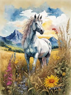 a painting of a white horse in a field with wildflowers and mountains behind it