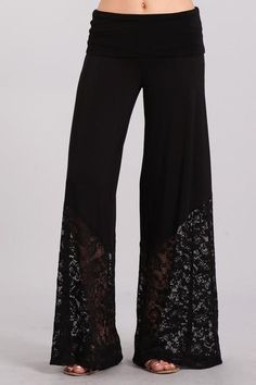 Black Lace Palazzo Pants Lace Palazzo Pants, Black Lace Pants, Wide Leg Palazzo Pants, Cropped Wide Leg Pants, Lace Pants, Plus Size Black, Lace Inset, Lace Hem, Hippie Outfits