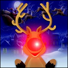 merry christmas greeting card with reindeer sitting in the snow and glowing red ball on his antlers